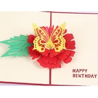 Handmade 3D Pop Up Card Happy Birthday Butterfly Red Peony Flower Greetings